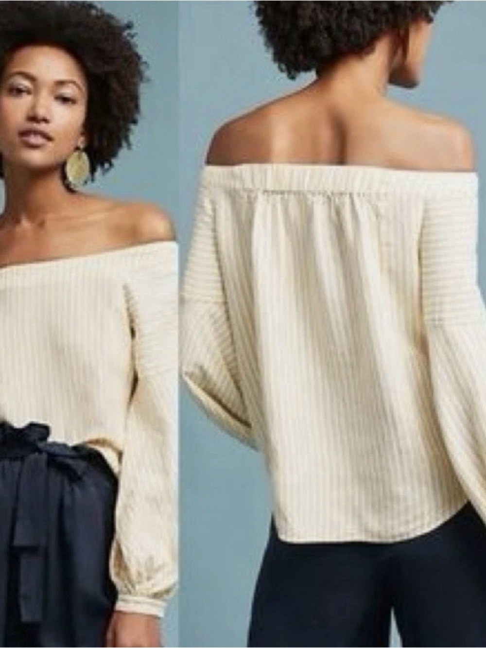 Anthropologie Maeve Clotille Off Shoulder Blouse Yellow White Striped